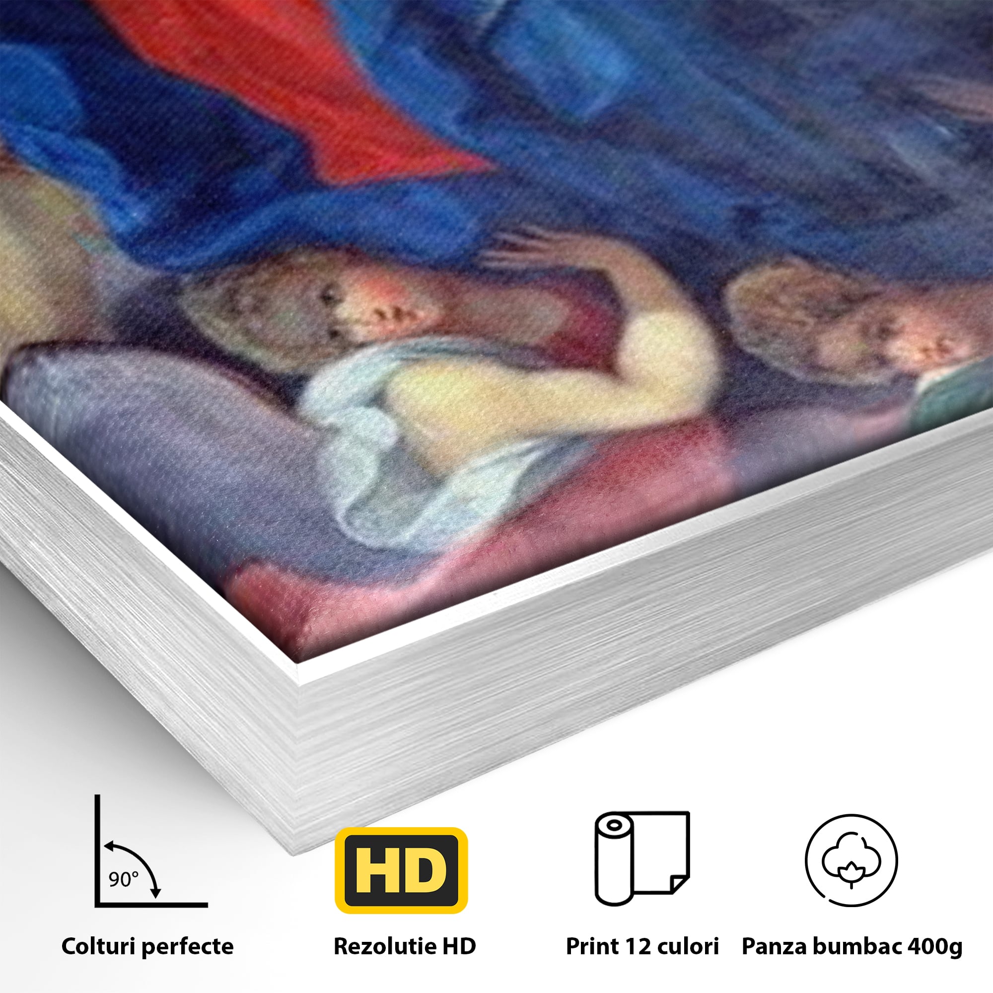 Detaliu al suprafetei: tablou canvas cu fecioara si ingeri, in rama de aluminiu argintiu